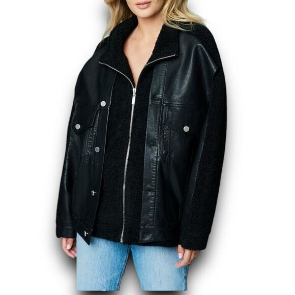 Blank NYC Jacket S Black Sherpa Oversized Vegan Leather Trucker Funnel Zip Comfy - Picture 5 of 14